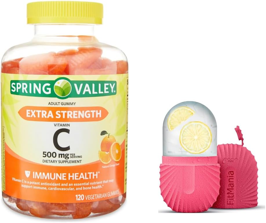 Spring Valley Extra Forza Vitamina C Integratore alimentare vegetariano Gummies, Arancione, 500 mg, 120 Ct e rullo di ghiaccio regalo per il viso
