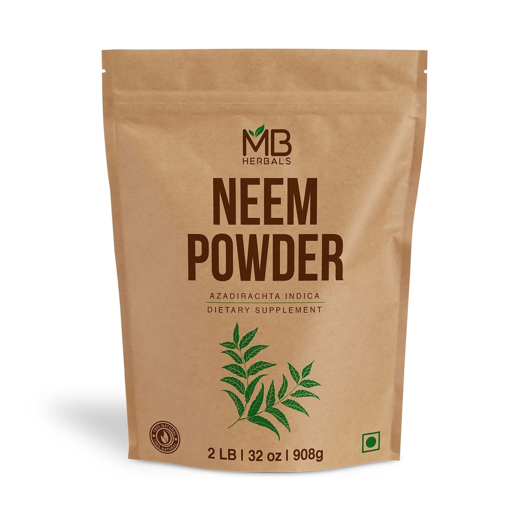 Polvere di neem puro di erbe di MB 2 lb | 32 oz | 908 Grammo | Polvere di neem naturale puro al 100% | Integratore di neem molto più grande per capelli della pelle & Detox | Azadirachta Indica