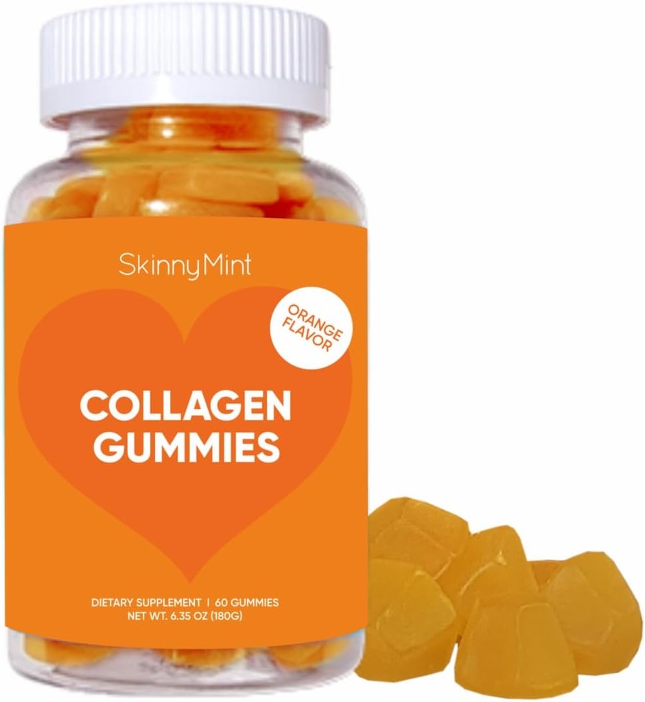 SkinnyMint Collagen Gummies Supplemento per pelle sana, Nails & Hair Support, Gluten Free Collagen Chewable Gummies per uomini e donne, Natural Orange Flavor -60 Count(180G)- 1 mese di fornitura