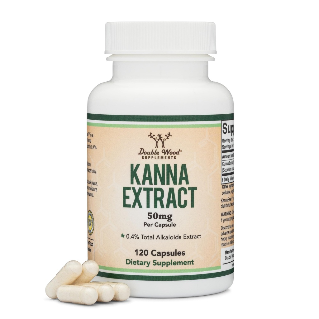 Kanna Extract Supplement (Sceletium Tortuosum) - 50mg Per Capsules, 120 Count - per il relax e la pace della mente (Min.4% Total Alkaloids) Non OGM, Gluten Free, Vegan Safe by Double Wood