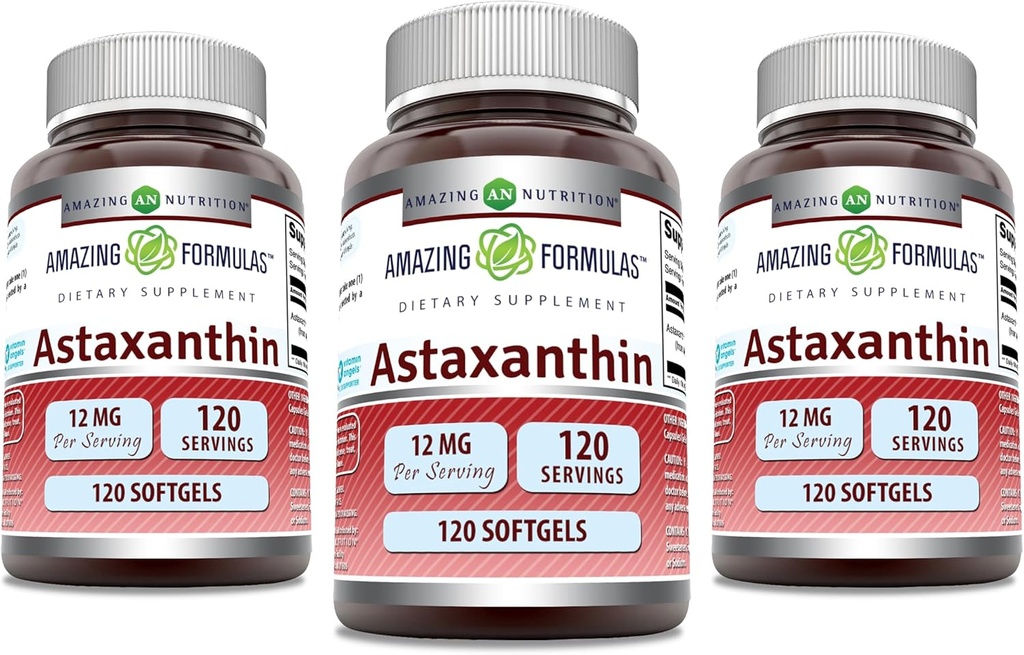 Incredibile Formulas Astaxanthin 12mg Softgels Supplement | Non OGM | Gluten Free (120 Count | 3 Pack)