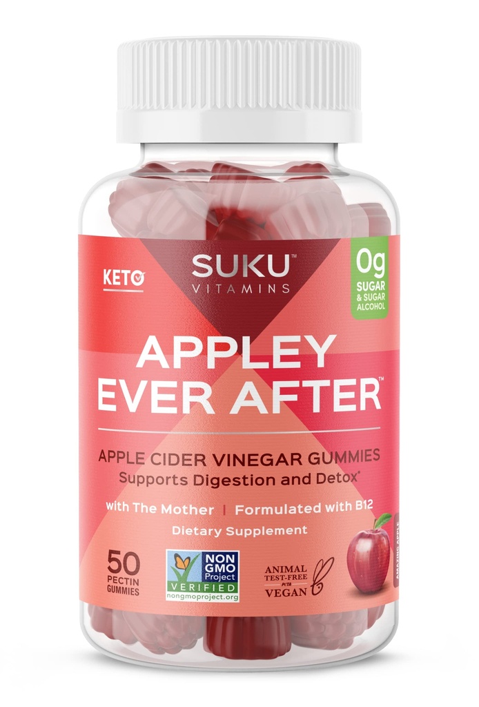 SUKU Appley Ever After Gummies – Aceto di sidro di mele con B12 e Folate metilato – Senza zucchero, senza glutine, Vegan Detox & Energy Support – Stupefacente aroma di mela – 50 Count