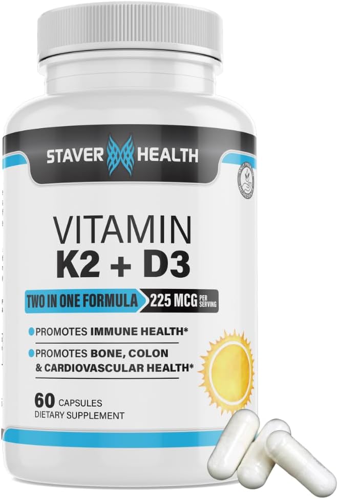 Vitamina K2 D3 w/Calcium e Bioperina, Vitamina K2 (MK7) con D3 Supplemento Non OGM, Vitamina D3, Vitamina K2 MK-7 Facile da ingoiare Vitamina D & K Complex, 60 capsule