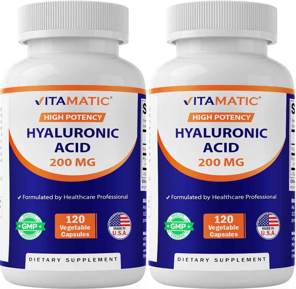 Vitamatic 2 Pack Integratori di acido ialuronico 200mg - Supporta tessuti e giunti connettivi sani - Promuovi la pelle sana giovanile - Totale 240 capsule