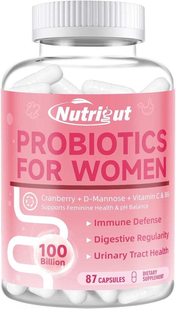 Probiotici per le donne 100 miliardi di CFU Probiotici e Prebiotici con enzimi digestivi per la salute del fegato, Probiotici vaginali con mirtillo e D-Mannose per la salute del tratto urinario, pH Balance, 87 capsule