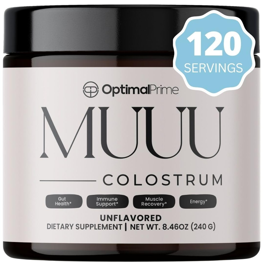 Optimal Prime - MUUUU Bovine Colostrum Supplemento e Superfood Polvere per Gut Salute, Bloating, Supporto immunitario, Capelli, Pelle e Unghie non aromatizzate, 120 Serve