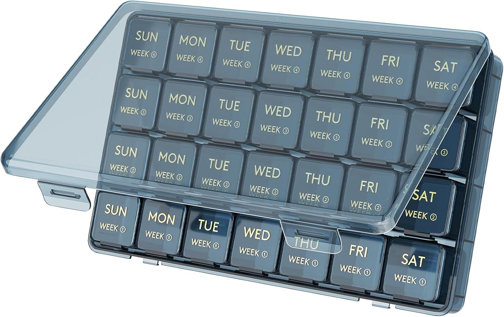 Organizzatore di pillole del mese di vita, 28 giorni scatola di pillole, 4 settimane un mese casi di pillole, organizzatore di medicina di grandi scomparti per vitamine, oli di pesce, integratori, blu
