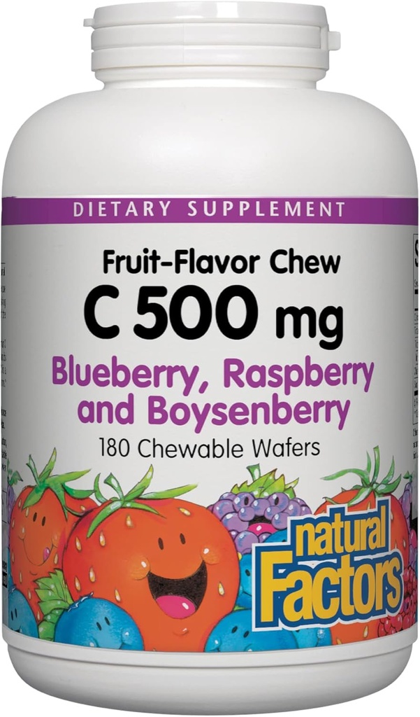 Fattori naturali, Vitamina C 500 mg per bambini masticabile, Supporta la salute immunitaria, le ossa, i denti e le gengive, mirtillo, lampone e Boysenberry, 180 Conte (Pacchetto di 1)