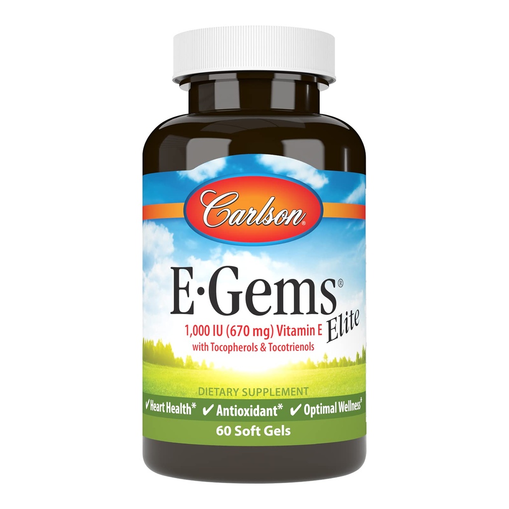 Carlson - E-Gems Elite, 1000 IU (670 mg) Vitamina E con Tocoferoli e Tocotrienoli, Benessere ottimale, 60 Softgels