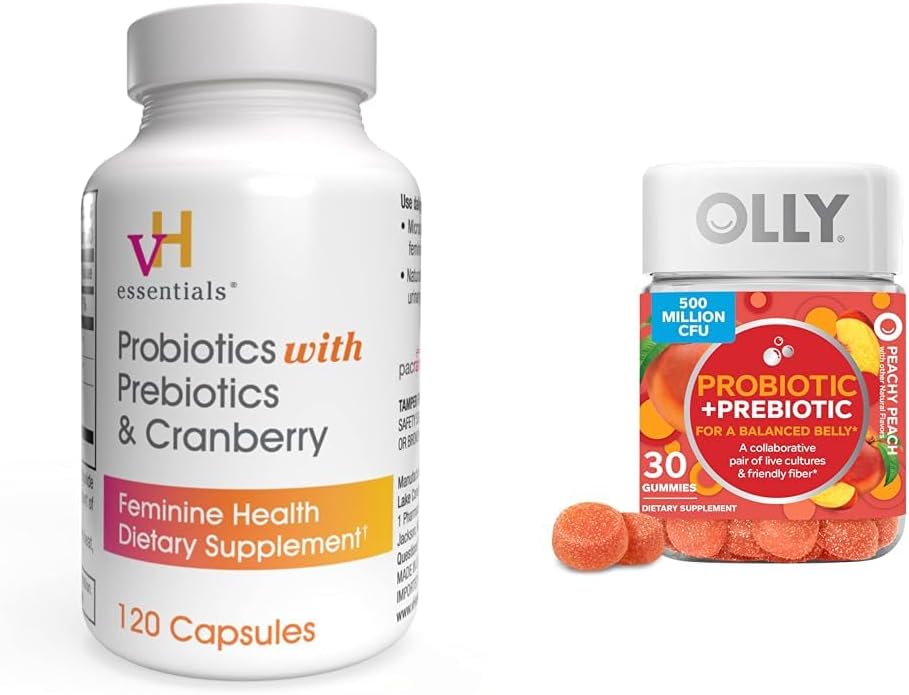 vH essenziali Probiotici con Prebiotici e Cranberry Feminine Salute capsule Bundle con OLLY Probiotic + Prebiotici pancia Digestivo e Gut Salute Chewable Supplement
