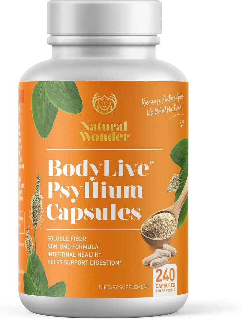 BodyLive Psyllium Husk Fiber Capsule Non-GMO 725mg, 240 capsule (1450mg/serving, 120 Serve) Supplemento per pulizia del colon, regolarità, digestione sana, prebiotico, lassativo, salute del cuore