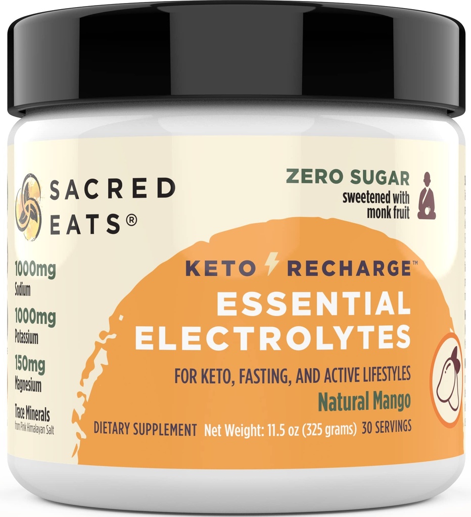 Keto Electrolyte Powder & Hydration Supplement | 1000mg Potassium & Sodium, 150mg Magnesium | No Sugar & Stevia, addolcito con Monk Fruit Only | Natural Mango (30 Serve)