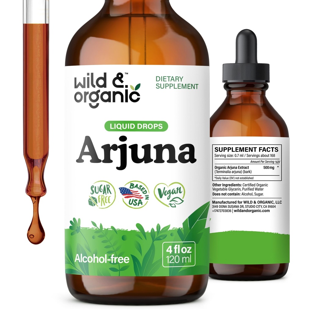 Wild & Organic Arjuna Bark Tincture - Integratore Benessere - Gocce Liquide Senza Alcol - Terminalia Arjuna Bark Extract - No Sugar & Additives, Non-GMO - 4 fl oz