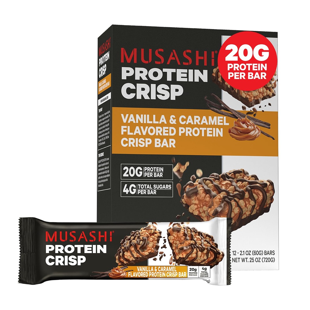 MUSASHI Protein Crisp Bar, 20g Protein, 4g Total Sugars, Vanilla & Caramel, Post Workout e Snack On The Go, 12 Pack of 2.1oz (60g) Bar