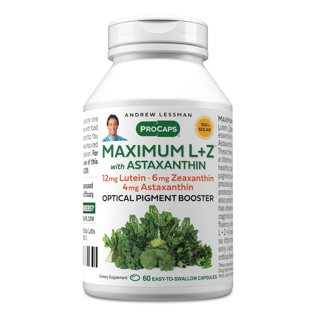 ANDREW LESSMAN Maximum L+Z con Astaxanthin 60 Softgels - 12mg Lutein, 6mg Zeaxanthin, 4mg Astaxantina. Nutrienti chiave per sostenere la salute degli occhi e del cervello, e promuovere la visione sana.