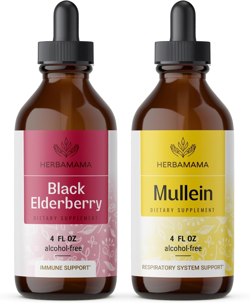 HERBAMAMAMA Kit di gocce liquide a base di erbe - Bundle di estratto di sambuco nero e foglia di mulino Tintura 4 fl oz - Vegan, Non OGM, Sugar & Alcohol-Free - 2 Pack