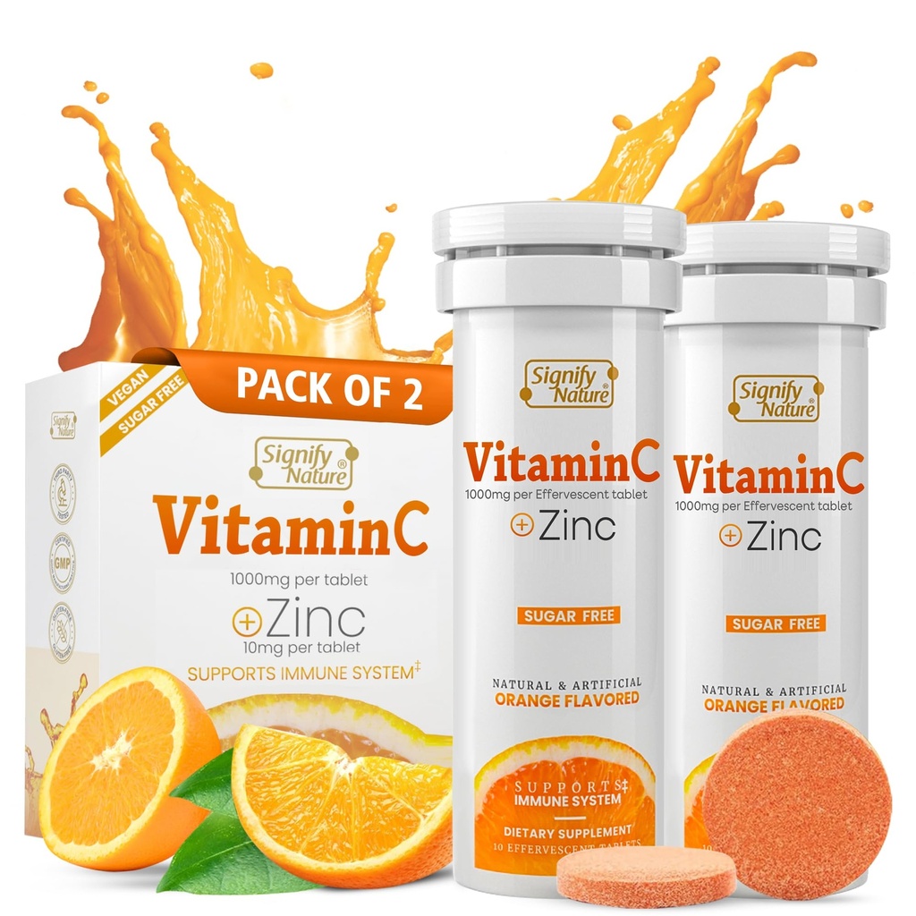 SIGNIFY NATURE Vitamina C 1000mg Effervescent Tablets - Potente supporto immunitario VIT C con supplemento di zinco - Zucchero-Free & Vegan Formula | Compresse di vitamina C dissolvibili - Elisir crespide - 20CT