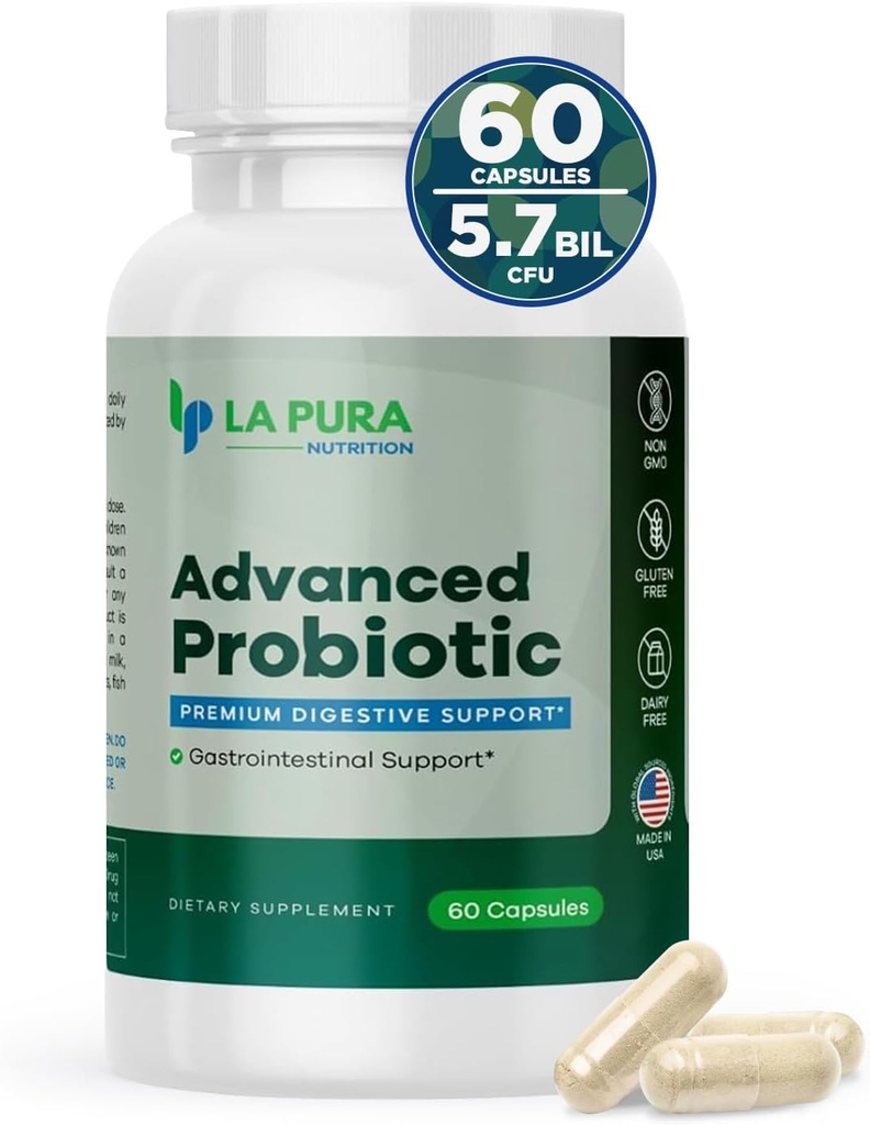 LaPura Advanced Probiotic - Supporto Digestivo Premium per Gut & Salute Immune, 60 capsule - 5,75 miliardi di CFU Probiotici Compresi DE111 Strain (Bacillus subtilis) - Non OGM, Senza Glutine, Made in USA