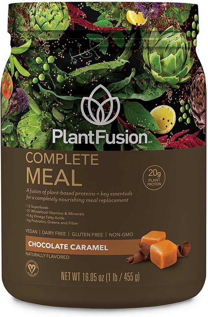 Agitazione completa di sostituzione del melo vegetale - Polvere proteica a base vegetale con Superfoods, Greens & Probiotics - Vegan, Gluten Free, Soy Free, Non-Dairy, No Sugar, Non-GMO - Caramel al cioccolato 1 lb