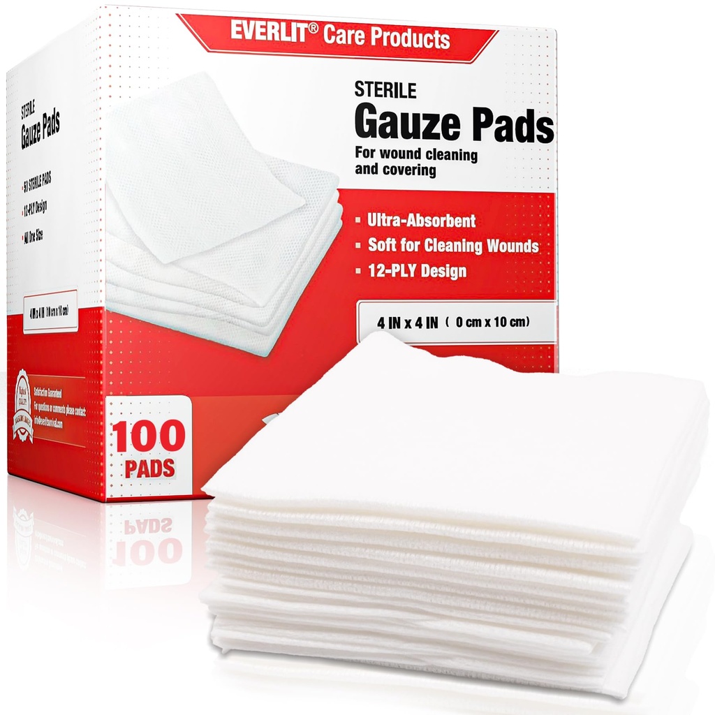 EVERLIT [Extra-Thick] 4'x4''' Sterile Gauze Pad 12-Ply, 100 Pack, Individual Wrapped, Ultra Absorbent Large Non-Woven Medical Gauze Sponges for Wound Care Home First Aid Kit