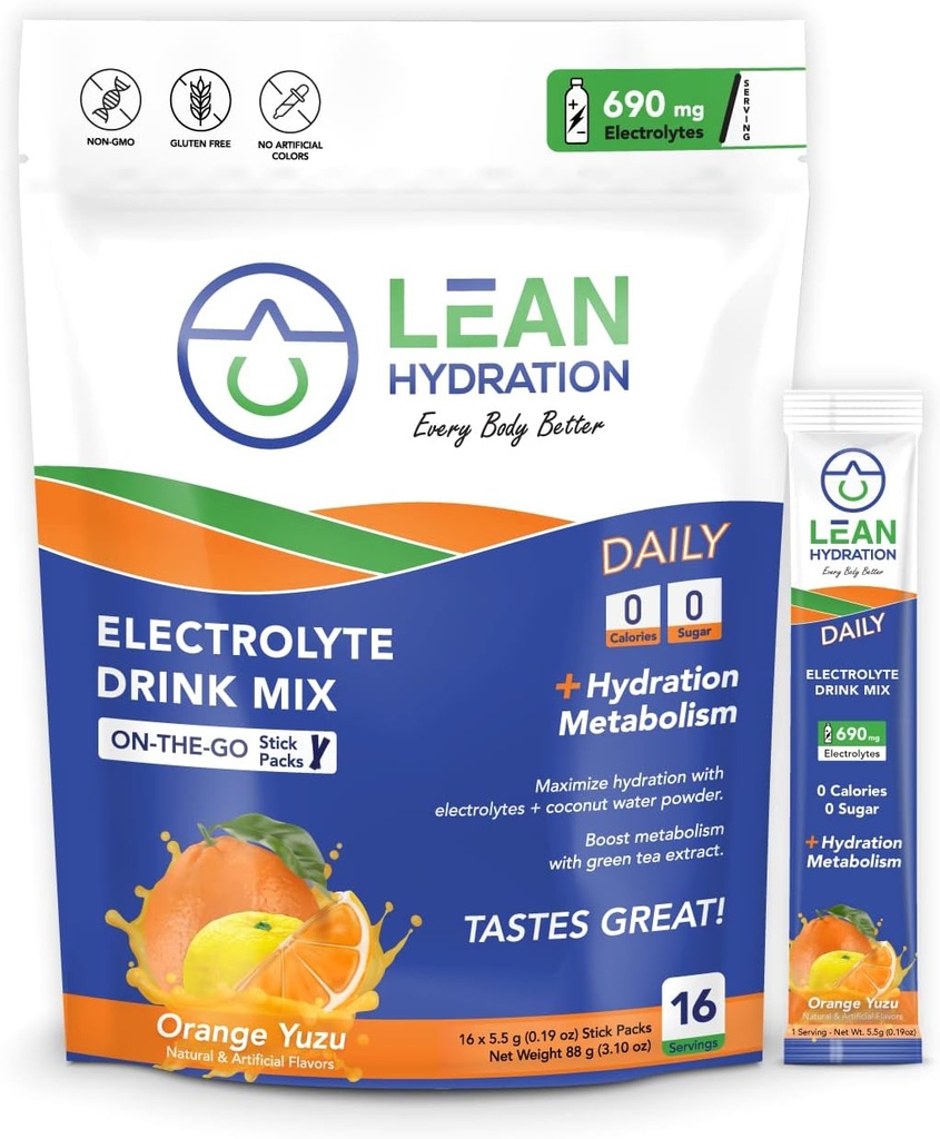 Daily Electrolyte Packets Drink Mix | Calorie Zero, Vitamine Zero Sugar Plus, Minerali & More | 16 ct (Orange Yuzu)
