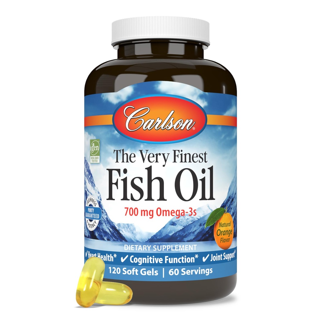 Carlson - L'olio di pesce più fine, 700 mg Omega-3s, integratore di olio di pesce norvegese, olio di pesce selvatico Caught Omega 3 Fish Oil, Sustainably Sourced Fish Oil Capsules, Omega 3 Supplement, Arancione, 120 Softgels