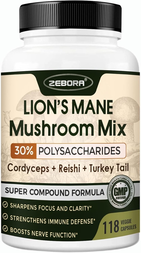 Leoni Mane Supplemento capsule - Integratore di funghi con Lions Mane, Cordyceps, Reishi, Tail Turchia, Shiitake - Lions Mane Supplemento per la memoria, Focus & Immune Support - 118 Vegan Mushrooms Capsules