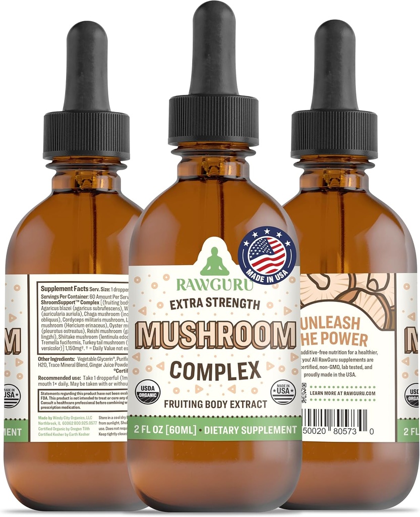 RawGuru Organic Mushroom Complex Tincture - Organic Mushroom Extract with Trace Minerals - Nano-Processed Cognitive & Immune Support Supplement - 60 Serve di Vegan Drops per 60 ml, Confezione da 1