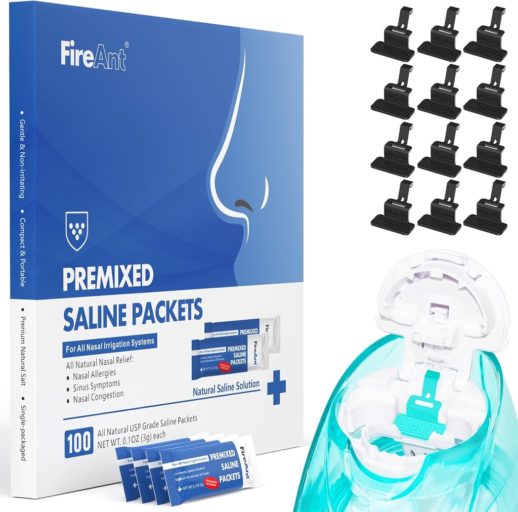 FireAnt 100 Saline Packets e 12 saline riutilizzabili set di ricarica, Compatibile con Navage Nasal Care - Include 100 Contenitori di sale Sinus Rinse + 12 Pack Salt Pads Silicone Ricarica in Nero