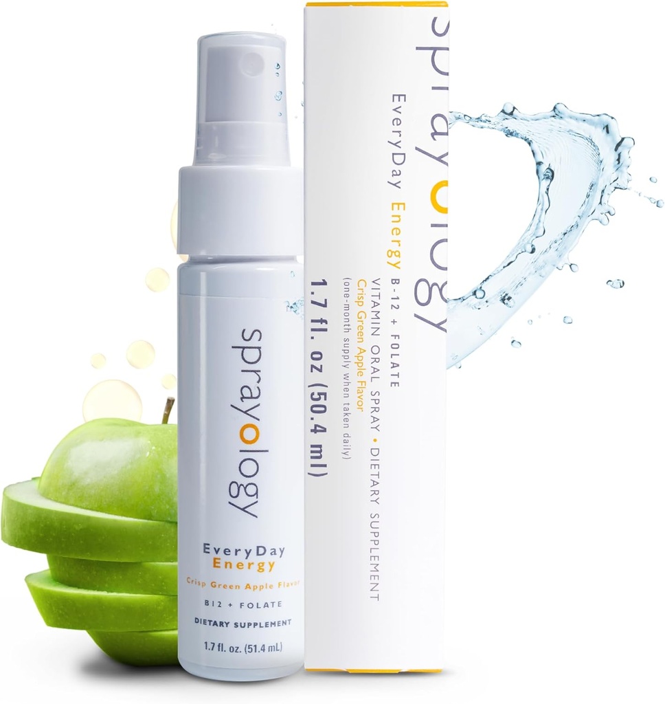 Sprayology EveryDay Energy | Vitamina B12 e Folate Supplement Spray | Vegan Oral Spray per Energia, Metabolismo & Brain Support | All-Natural, Gluten-Free & Lactose-Free | 30 Day Supply (1.7 fl oz)