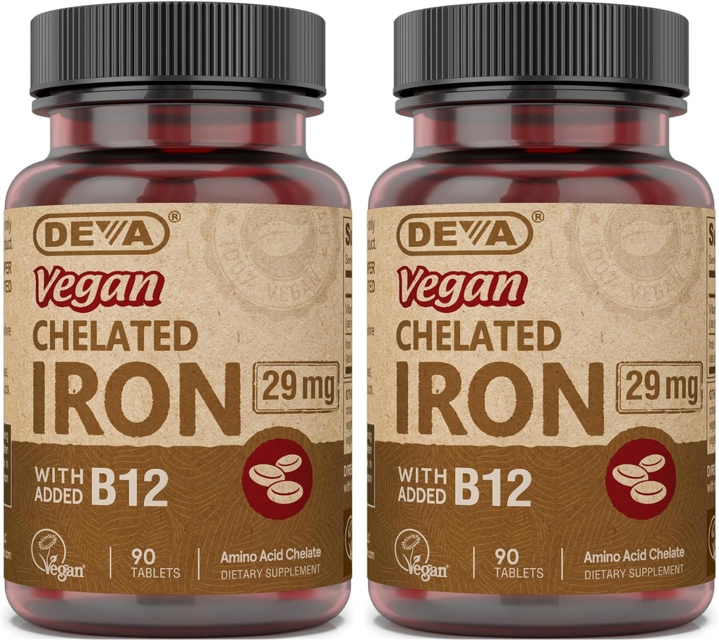 DEVA Nutrition Vegan Chelated Iron 29 mg Fortificata con B-12 - Alta potenza, Facile da ingoiare - 90 compresse, 2-Pack