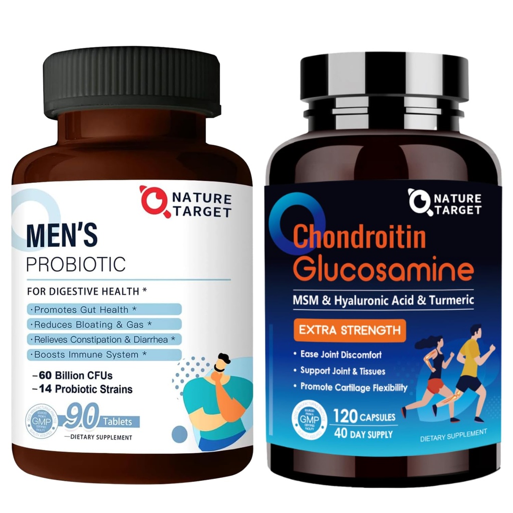 NATURA TARGET Probiotici per gli uomini con supplemento di cura degli uomini, Glucosamine Chondroitin MSM, supplemento di supporto congiunto, Shellfish Free