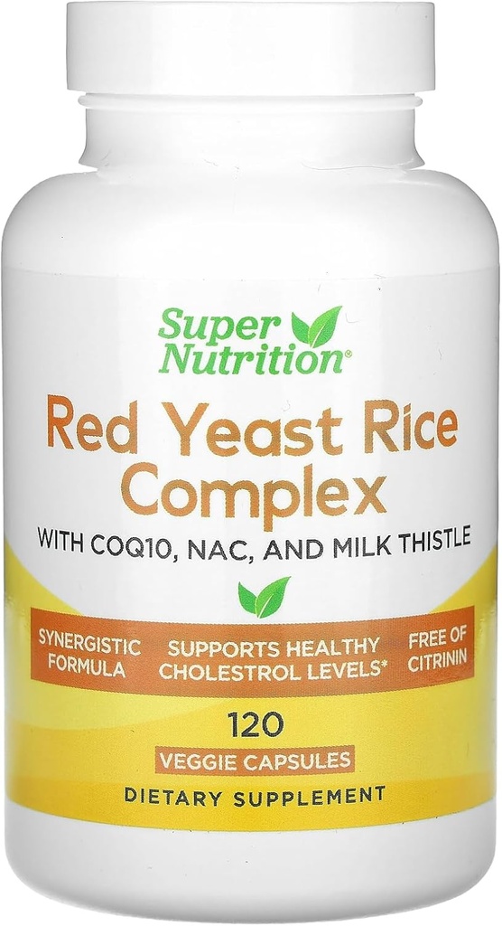 Super Nutrition Complesso di riso di lievito rosso con riso di lievito rosso biologico, Cisteina di N-Acetil, Coenzyme Q10, e estratto di cardo di latte, 120 capsule di verdure