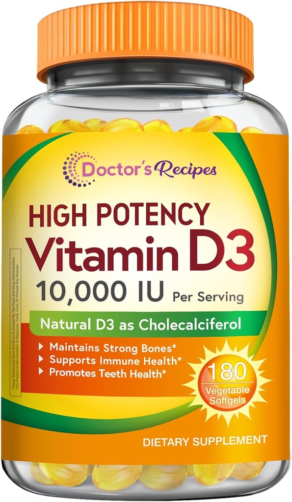 Vitamina D3 10000 IU, Bones, denti e supporto immunitario, Non OGM, No Gelatin, Gluten o Soia, 90 giorni di alimentazione, 180 Softgel vegetariani
