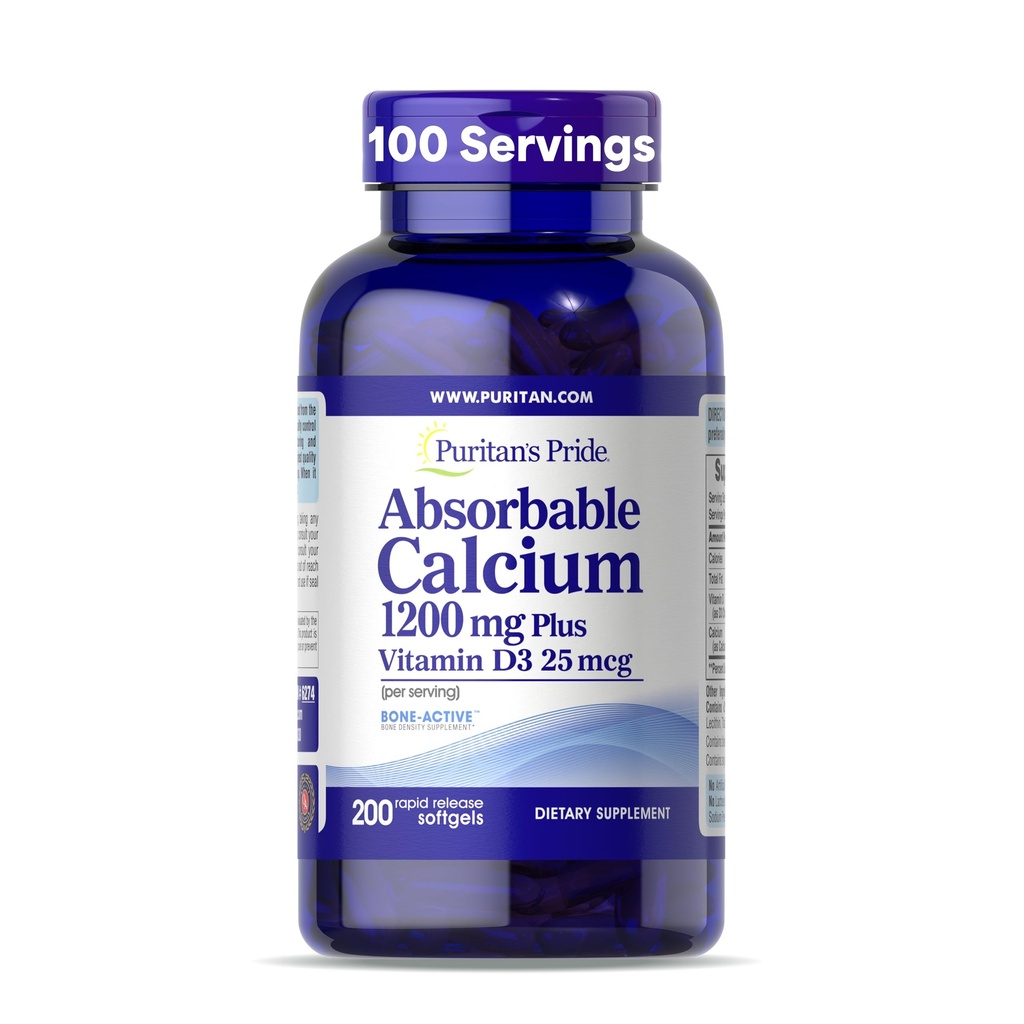 Calcium assorbibile di Puritan 1200 mg Plus Vitamina D3 25mcg 1000 IU con Bone-ActiveTM, 200 Softgel a rilascio rapido