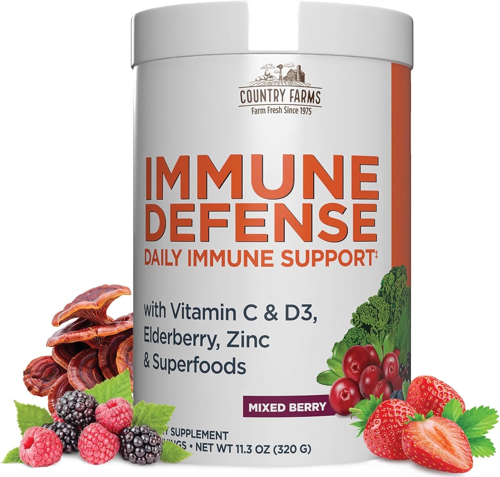 COUNTRY FARMS Immune Defense Superfoods, Integratore di supporto immunitario, Vitamina C con Black Elderberry, Echinacea, Turmeric, Supports Hydration, con Probiotici e Prebiotici, Aroma di bacche, 40 Servings