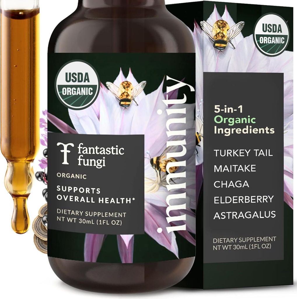 Meraviglioso Fungi Estratto di funghi gocce - Immunity Elixir with Turkey Tail Mushroom Extract, Maitake, Anziani, Chaga & Astragalus - 5-in-1 Organic Immune Support Supplement, 30 Serve, 1 fl oz