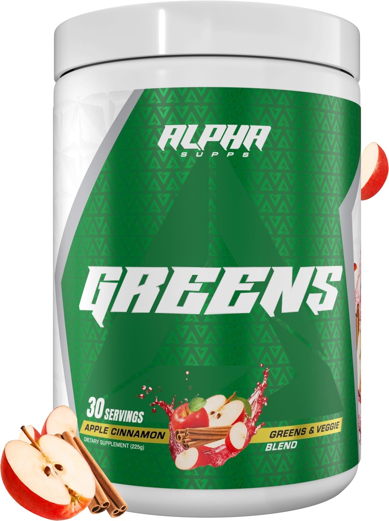 Alpha Supps - Alpha Greens Supplement | Frutta e Verdura Superfood Powder | Oltre 40 ingredienti naturali basati sulle piante | Prebiotici & Probiotic Digestive Support Blend - 30 Serve (Apple Cinnamon)