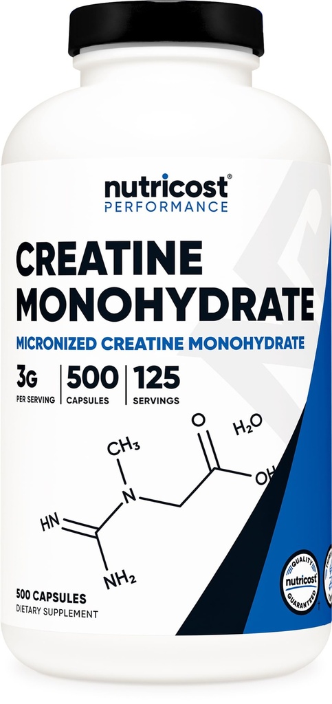 Nutricost Micronized Creatina Monoidrato 3.000mg 500 Capsule, 125 Serve, 750mg di Creatina Monoidrato Per Capsule