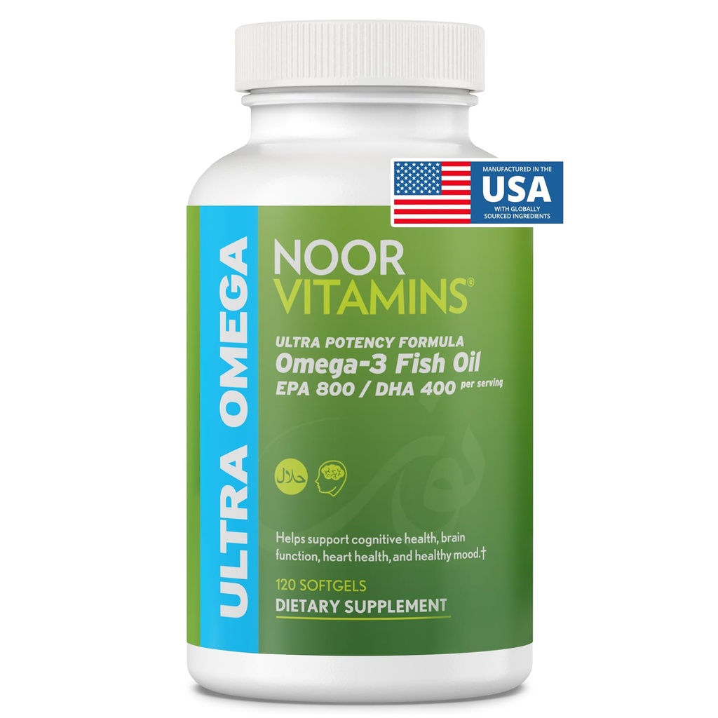 Noor Vitamins Halal Fish Oil, Vitamine Halal, Ultra Omega 3 Pesce Peruviano Selvatico (800 mg EPA & 400 mg DHA) Cuore, Cervello & Supporto Giunto, Non OGM e Gluten Free (120 conteggio)