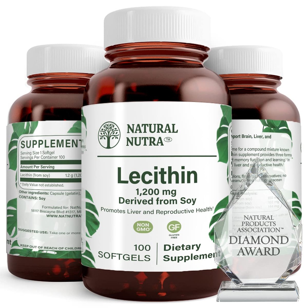 Natural Nutra Soy Lecithin 1200 mg Integratore alimentare - Funzione cerebrale, Salute del fegato, Salute del seno Hepls, Memoria Boosting Supplemento - Gluten-Free, BPA-Free, 100 Softgels in bottiglie di vetro riciclabili