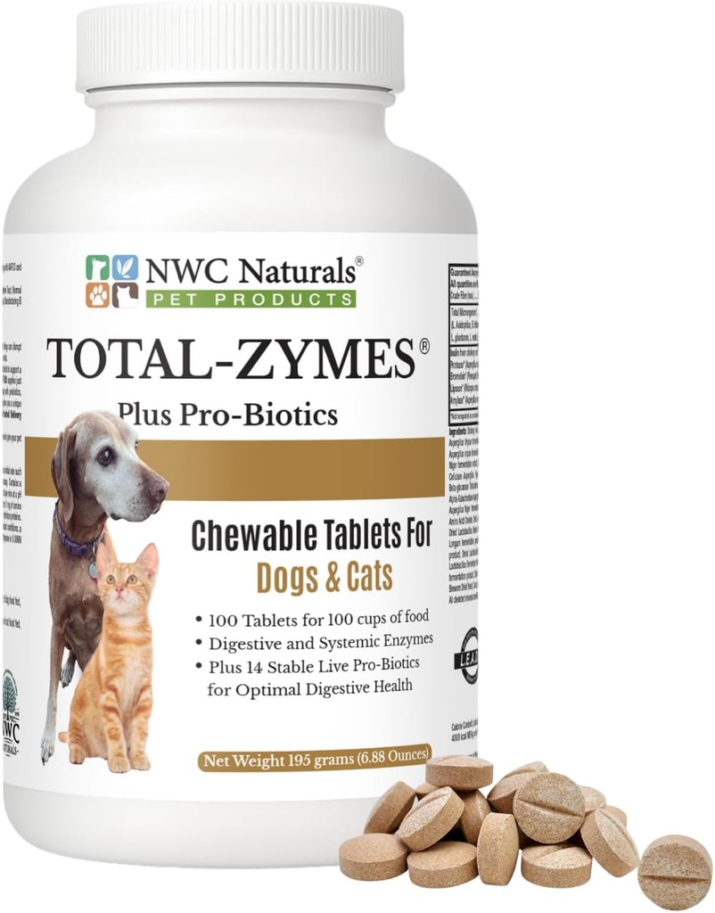 NWC Naturals Total-Zymes Plus Enzimi digestivi vegetariani per cani e gatti, supporta un sistema sano e digestivo Tract & Immune, Probiotici avanzati & Prebiotics- 100 compresse masticabili