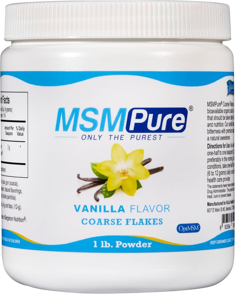 KALA HEALTH MSMPure Vanilla ha aromatizzato i fiocchi di polvere di MSM grossolana – MSM di US-Made per la salute comune, l'aspetto della pelle e il supporto per capelli e unghie – 1 lb, zolfo organico