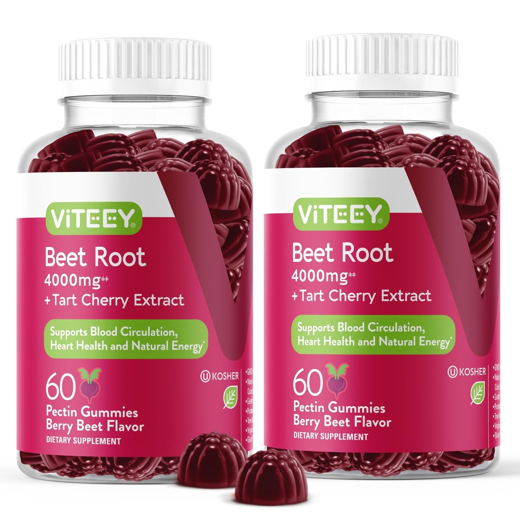 Viteey Beet Root Gummies with Tart Cherry - Integratore di barbabietola per la salute del cuore, Supporto per la pressione sanguigna - Vegan, senza glutine - 120 Count