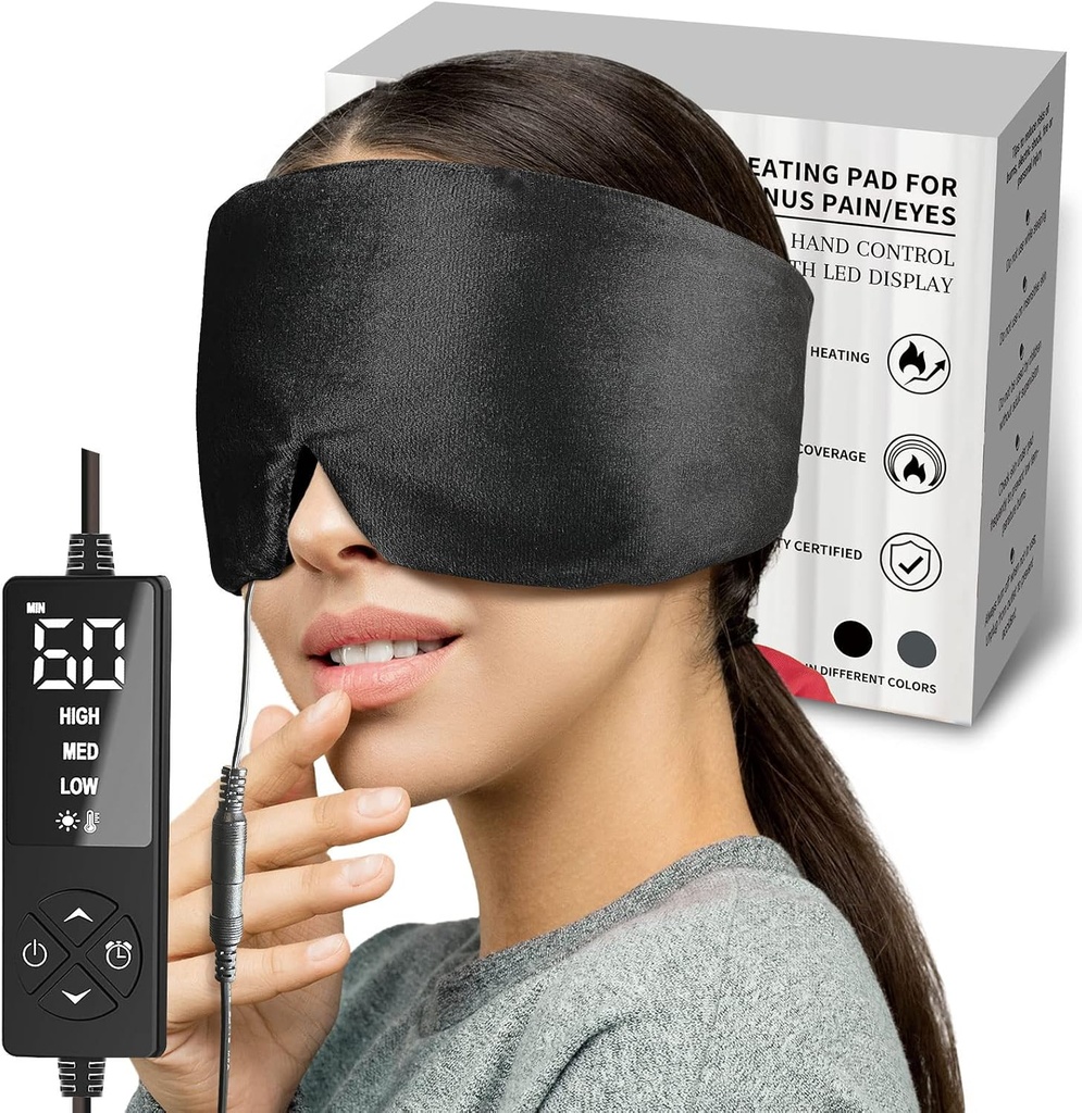 mascherina di occhio riscaldata con dimensioni extra grandi per occhi secchi e sollievo dalla pressione del seno, cuscinetto riscaldante ultra morbido per la tensione mal di testa, rilievo di dolore Jaw TMJ - 3 impostazioni di calore e 5 di temporizzazione (nero)