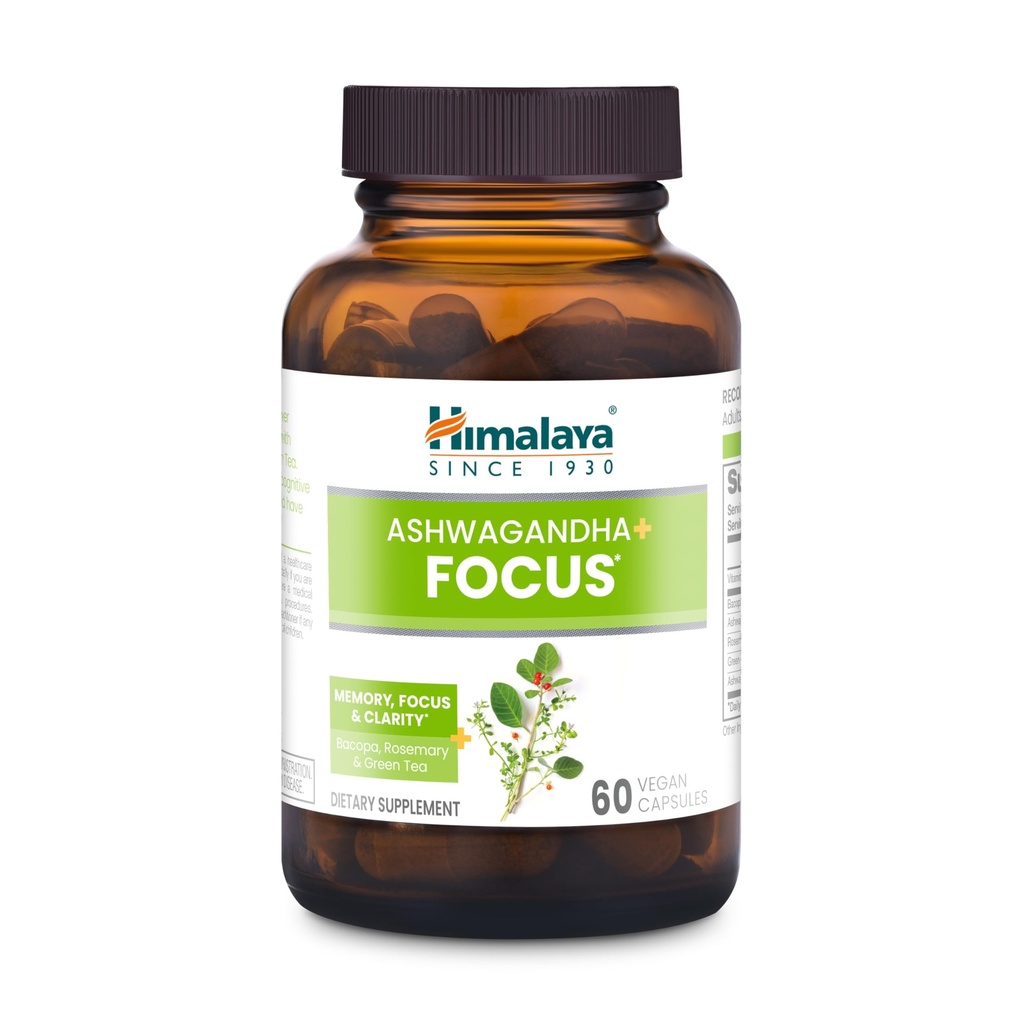 Himalaya Ashwagandha+ Focus - Integratore a base di erbe con B12, Rosemary, The verde e Bacopa Nootropics per Memoria e Clarity - Vegan, Non-GMO, Gluten Free, 1690 mg, 60 Caplets