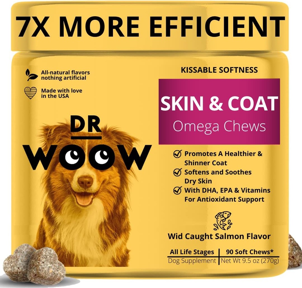Omega Wild Alaskan Salmon Fish Oil 90 ct Soft Chews for Dog - Anti Itch & Coat + Allergy Support, con Kelp, Biotin, Vitamine, Zinc - Aiuta Itchy Skin, Dog allergie, Può Ridurre Shedding