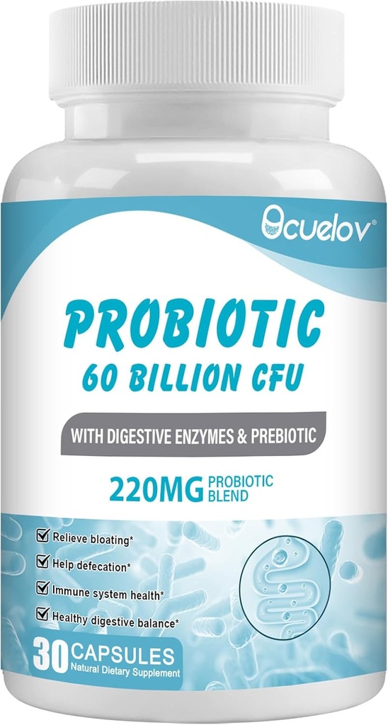 Probiotici 60 miliardi di CFU con 10 Strains & 3 Prebiotici Organici, Integratore di Probiotici per Donne Uomini Supporta Metabolismo, Immunità e Salute Digestiva, Non OGM & Gluten Free,30 Capsule