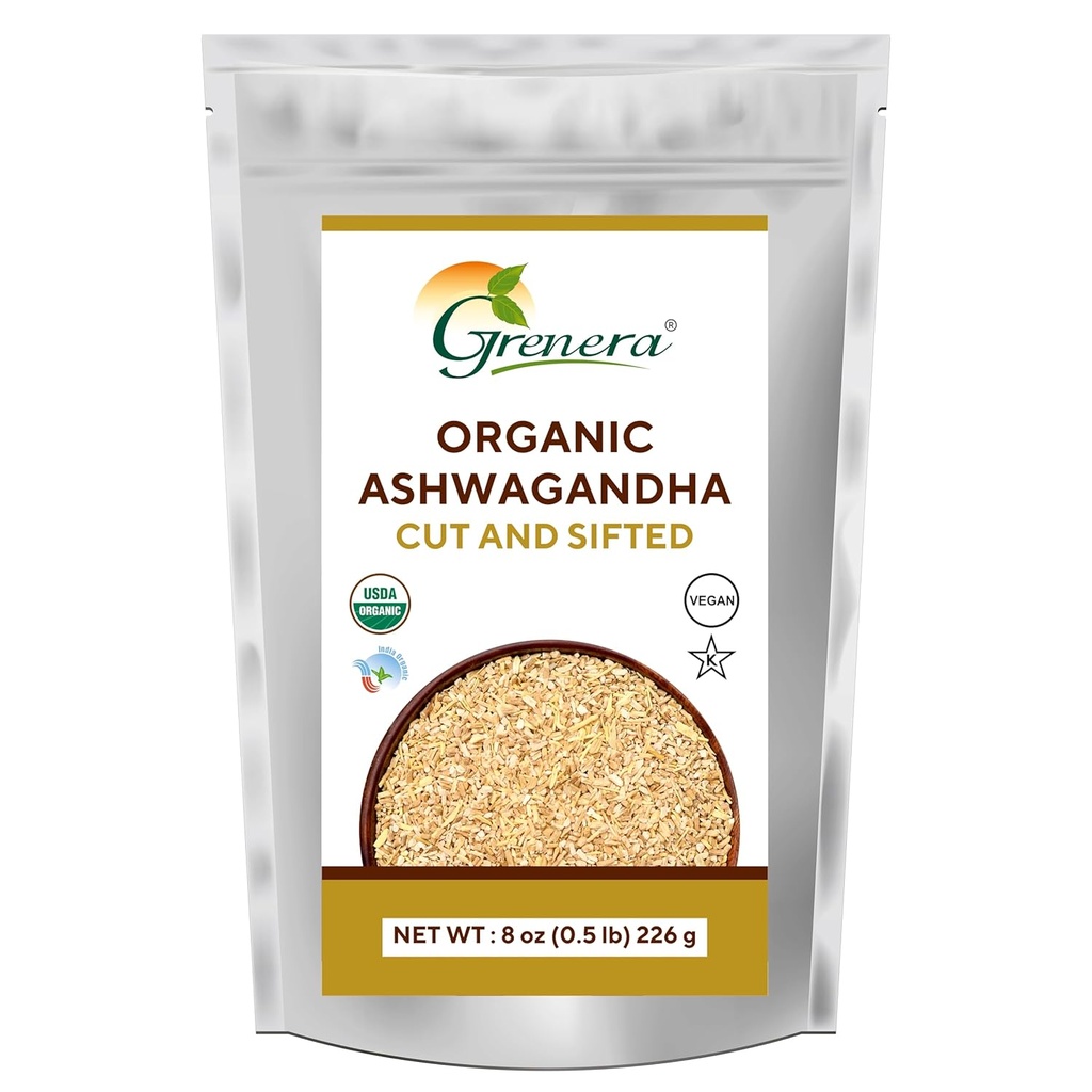 Grenera Organic Ashwagandha Root Cut e Sifted 8 oz, Withania Somnifera USDA Certificato 3 a 5 mm Dimensione, meglio per fare il tè di erbe