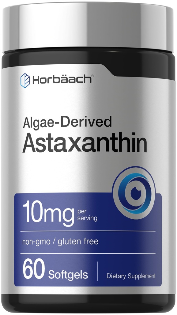 Horbäach Astaxanthin Supplementi | 10mg | 60 Softgels | Algae Derived Formula | Non-GMO, Gluten Free